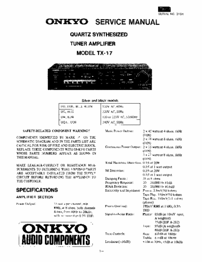 Onkyo TX-17 Onkyo TX-17 (Quartz Synthesized Tuner Amplifier) Service Manual